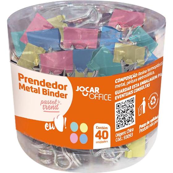 Imagem de Prendedor de Papel Jocar Binder 19MM Colorido - Pote com 40 Unidades