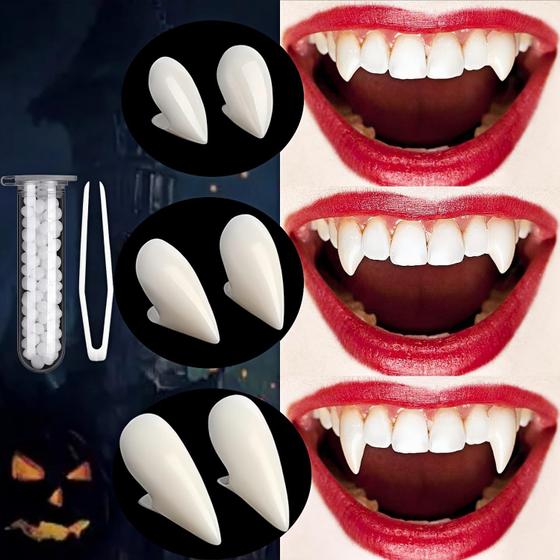 Imagem de Presas de dentes de vampiro VOVEA Halloween, 3 pares e 3 tamanhos com cintos