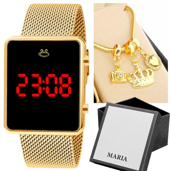 Imagem de Presente feminino: relogio digital dourado elegancia + pulseira pandora banhada 18k+ caixa presente