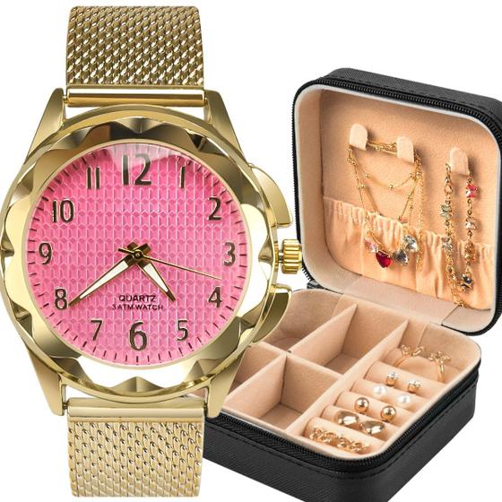 Imagem de Presente feminino relogio dourado fundo rosa original prova dagua tendencia + joias 18k + porta joia