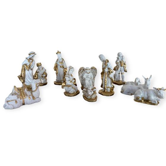 Imagem de Presépio Natalino Presépio de Natal Branco e Dourado 12 peças em resina decoração 12cm