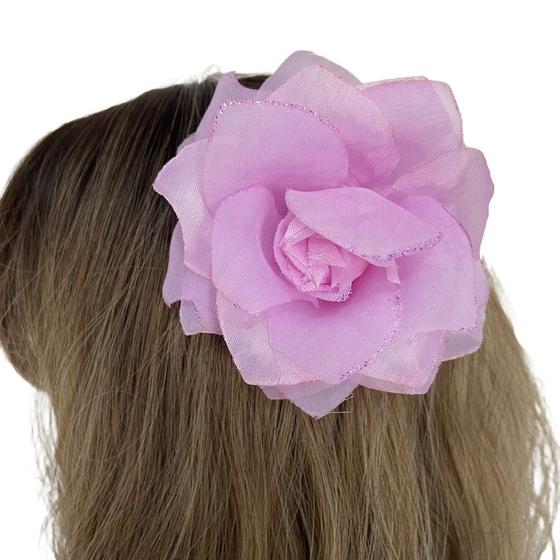 Imagem de Presilha com Flor de Rosa Grande com Brilho para Cabelo