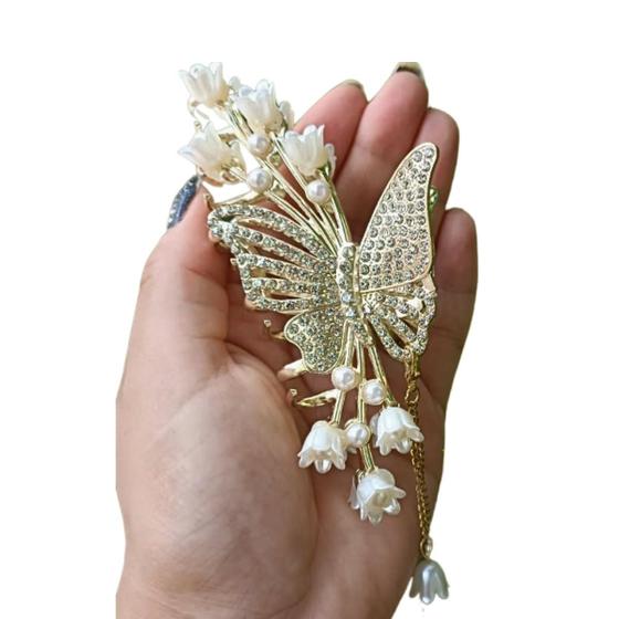 Imagem de Presilha de Cabelo Borboleta Dourada Acessório Luxo com Pérolas e Strass  Ideal para Noivas e Festas