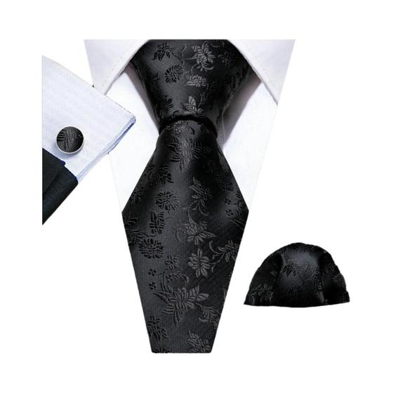 Imagem de Preto Branco Cinza Prata Seda Masculina Gravata Abotoaduras Conjunto Jacquard Gravata Para Presente