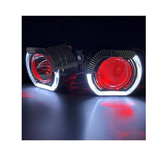 Imagem de Projetor h1 para adaptação em farol com lampada h4 e h7 angel eyes branco com meio efeito vermelho carcaça cromada