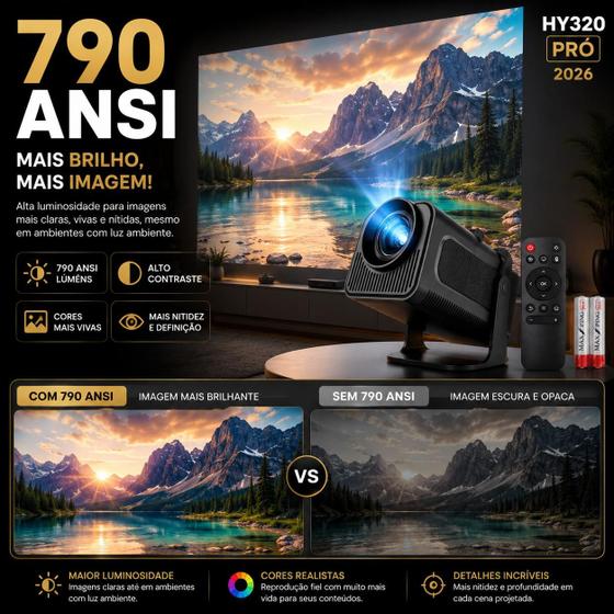 Projetor Inteligente Hy320 Bivolt Pró 2026 Modelo Novo Grande 790 ANSI 1080P 5G Smart 4K Wifi 6 Bluetooth 5.0 Android 14 - Norotech Eletrônicos