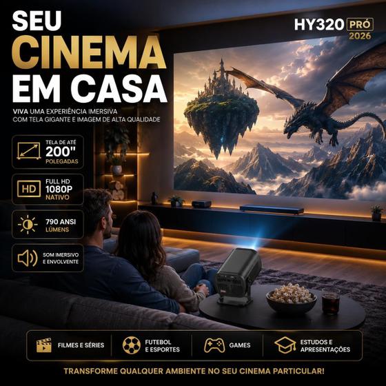Projetor Inteligente Hy320 Bivolt Pró 2026 Modelo Novo Grande 790 ANSI 1080P 5G Smart 4K Wifi 6 Bluetooth 5.0 Android 14 - Norotech Eletrônicos