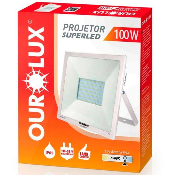 Imagem de Projetor Led Slim 100w Bivolt Branco 6500k IP 65 (àreas externas) Ourolux