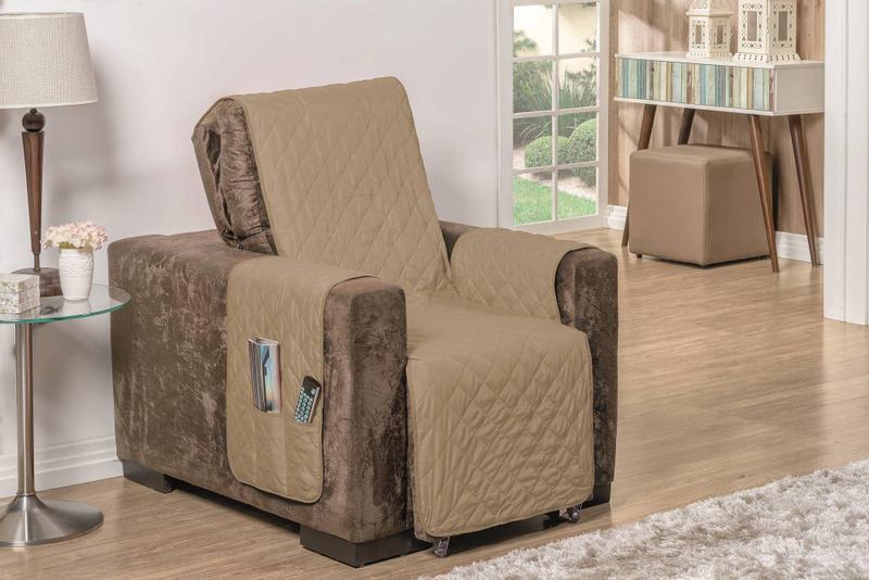 Imagem de Protetor capa para sofá poltrona de 1 lugar em dupla face impermeável com viés e matelado com porta objetos largura do assento de 50cm