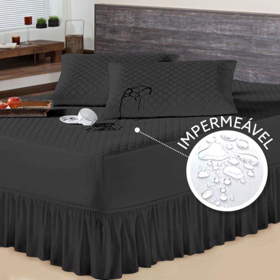 Imagem de Protetor de Colchão Casal Queen mais 2 Porta Travesseiro Impermeável com Saia Box Preto