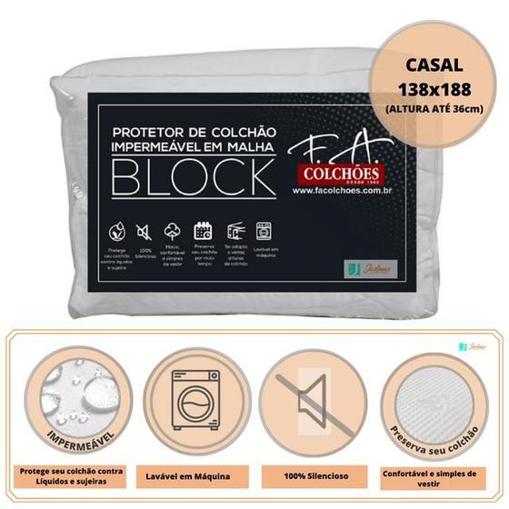 Imagem de Protetor de Colchão Impermeável FA Block Casal 138x188x36 - Macio - Confortável - Antialérgico  