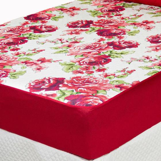 Imagem de Protetor de Colchão Queen Impermeável Tecido Misto 1 Peça Floral Vermelho - Lux Enxovais