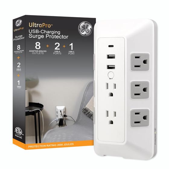 Imagem de Protetor de Surtos GE 8 Tomadas com USB 2.1A e USB-C 30W - 2000J