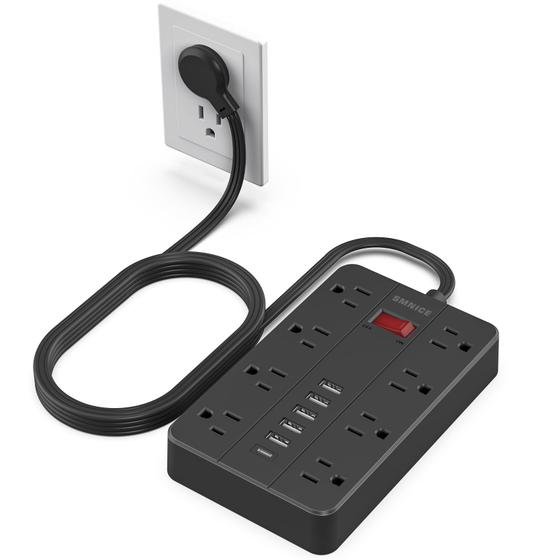 Imagem de Protetor de Surtos SMNICE com 8 Tomadas e 6 Portas USB