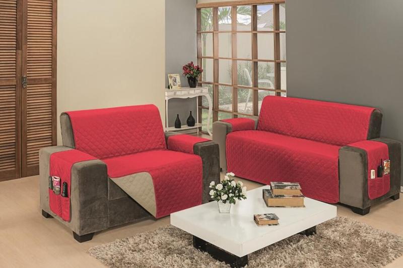 Imagem de Protetor Impermeável Para Sofá De 04 Lugares King Assento de 2,40M D Face Manu - Cáqui Com Vermelho