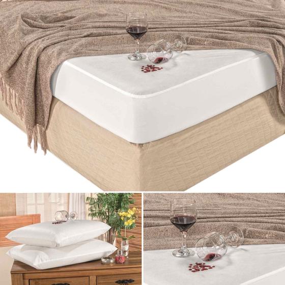 Imagem de Protetor kit capa para colchão e travesseiros casal queen impermeáveis com elástico no colchão e zíper no travesseiro, ideal para colchão de até 40cm