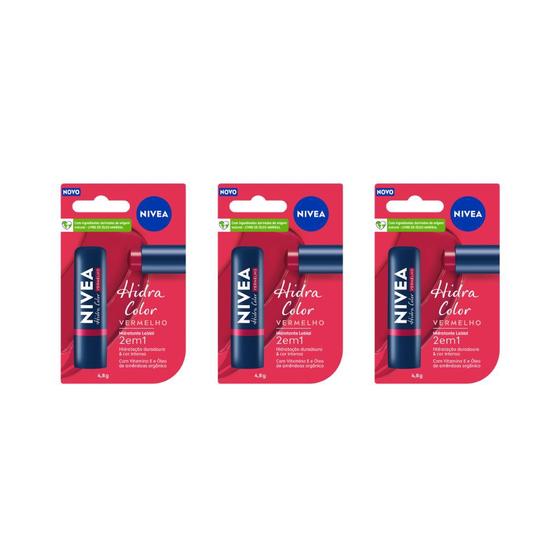 Protetor Labial Nivea 4,8g Hidra Color Vermelho - Kit C/ 3un Imagem de Protetor Labial Nivea 4,8g Hidra Color Vermelho - Kit C/ 3un