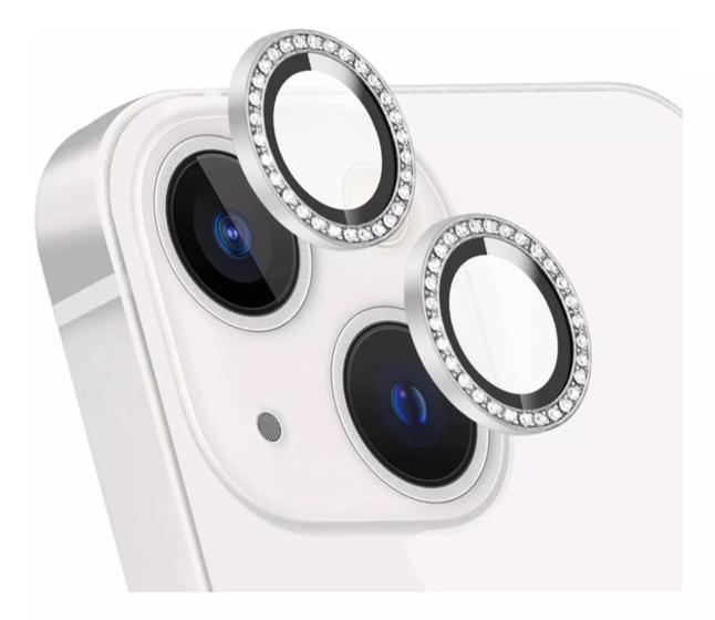 Imagem de Protetor Lente de Câmera Com Strass Para iPhone 14 - Anel Cor Prata em Vidro Temperado