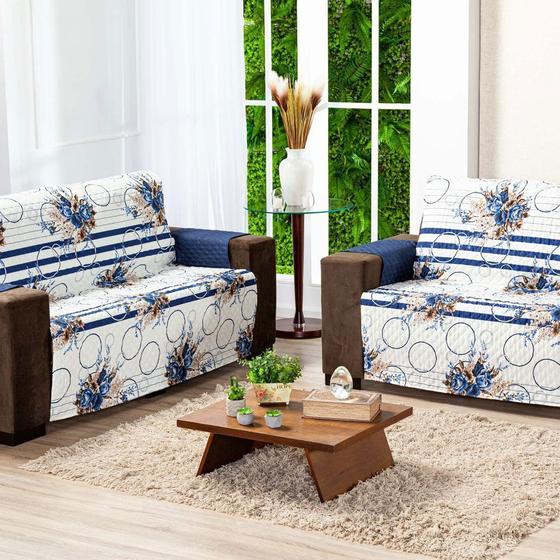 Imagem de Protetor Sofa Estampado Isabela 2 E 3 Lugares - Floral Azul Marinho 