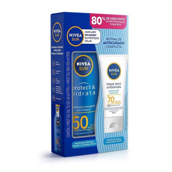 Imagem de Protetor Solar Nivea Sun Protect & Hidrata FPS50 200ml + Protetor Solar Facial Toque Seco Antissinais FPS70 40ml