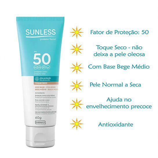 Imagem de Protetor Solar Sunless Facial FPS 50 Seco Base Bege Médio