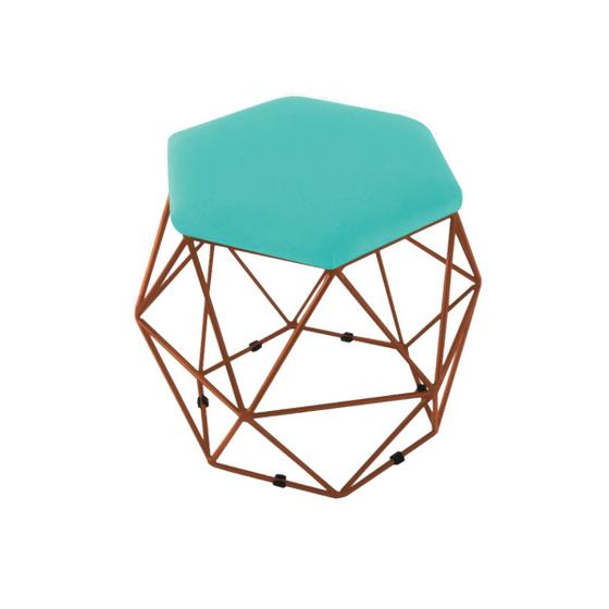 Imagem de Puff Aramado Onix Hexagonal Base Bronze Suede Azul Turquesa