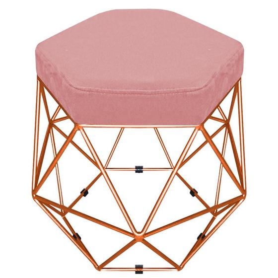 Imagem de Puff Banco Decorativo Aramado Hexagonal Base Eiffel Bronze Suede Rosê - Abmaza