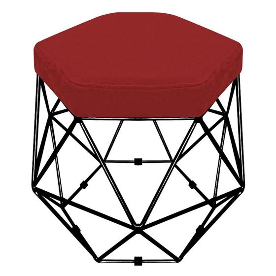 Imagem de Puff Banco Decorativo Aramado Hexagonal Base Eiffel Preta Suede Vermelho - Abmaza