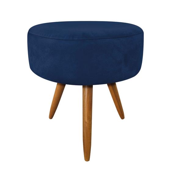 Imagem de Puff Banqueta Redonda Nina Suede Azul Marinho Pés Palito Castanho - Pallazio