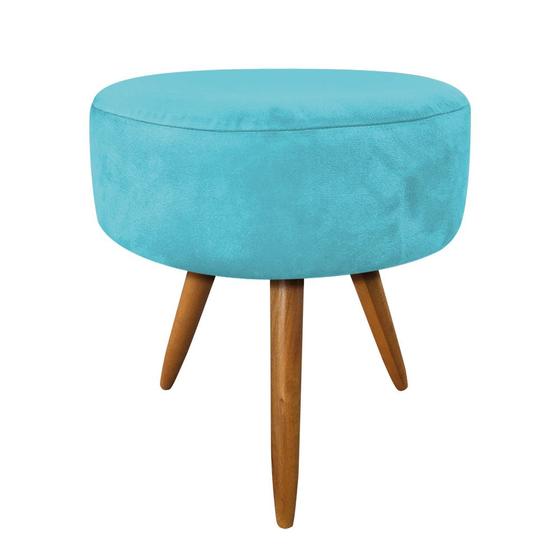 Imagem de Puff Banqueta Redonda Nina Suede Azul Turquesa Pés Palito Castanho - Pallazio