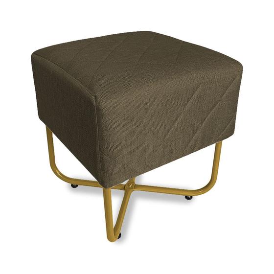 Imagem de Puff Decorativo Bela Linho Cacau Base Metal Dourado - Vallisa Decor