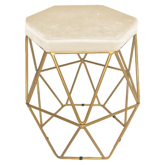 Imagem de Puff decorativo para sala hexagonal aramado base dourada suede bege claro - clique e decore