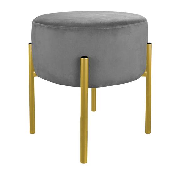 Imagem de Puff Decorativo Suede Cinza Base Metálica Dourada - Vallisa Decor