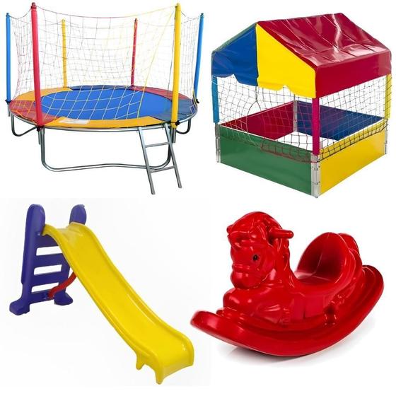 Imagem de Pula Pula Cama Elástica Trampolim 2,30m + Piscina de Bolinhas Quadrada 1,00m + Escorregador Médio + Gangorra Infantil 1 Lugar