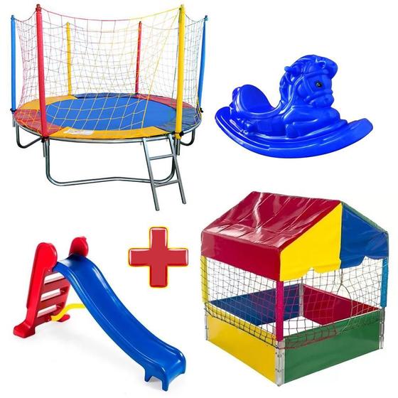 Pula Pula Trampolim 2,30m + Piscina de Bolinhas Quadrada 1,00m + Escorregador Médio + Gangorra 1 Lugar Menor preço em Pula Pula Trampolim 2,30m + Piscina de Bolinhas Quadrada 1,00m + Escorregador Médio + Gangorra 1 Lugar