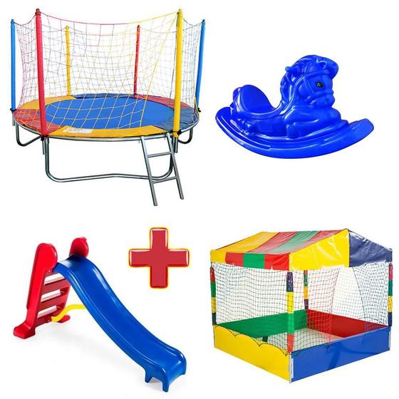 Pula Pula Trampolim 2,30m Piscina de Bolinhas Quadrada 1,50m Escorregador Médio Gangorra 1 Lugar Menor preço em Pula Pula Trampolim 2,30m Piscina de Bolinhas Quadrada 1,50m Escorregador Médio Gangorra 1 Lugar