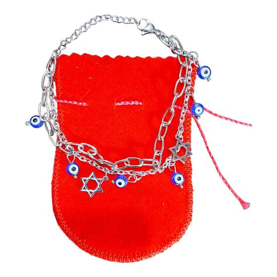 Imagem de Pulseira aço Inox Dupla Olho Grego Pingente Estrela de Davi