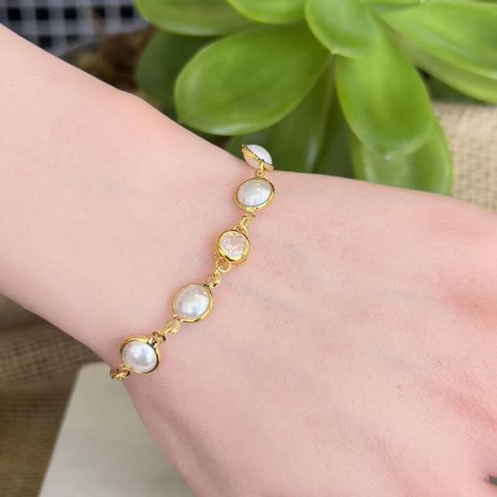Imagem de Pulseira Ajustável com Pérolas e Zircônia banhada a ouro 65.0768