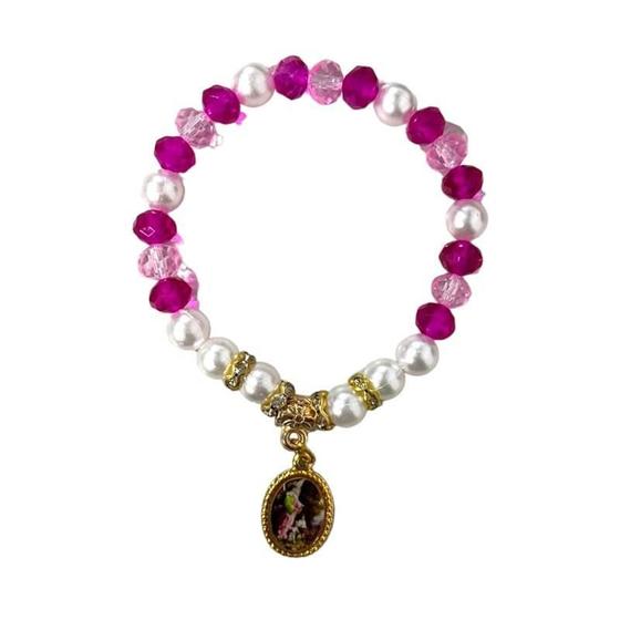 Imagem de Pulseira Anjo Da Guarda Rosa Com Pérolas Cristal E Silicone