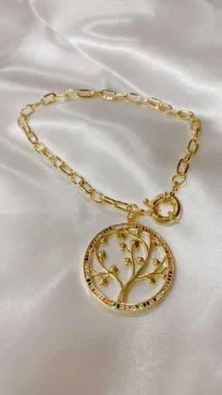 Imagem de Pulseira árvore da vida c/ zircônia colorida fecho boia banho ouro 18k