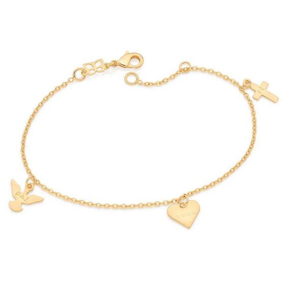 Imagem de Pulseira banhado ouro 3x 24k 18k e 22k  feminina com pingentes berloques espírito santo coração e cruz pendurados rommanel 552041