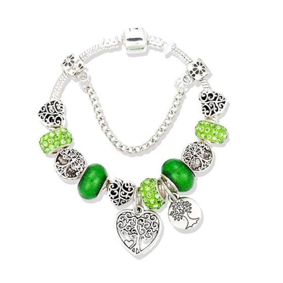 Imagem de Pulseira Bracelete com Berloques Completa Arvore da Vida Verde e Prata