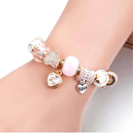 Imagem de Pulseira Bracelete com Berloques Ouro Rosa Completa Charms Cor de Rosa e Trava de Segurança