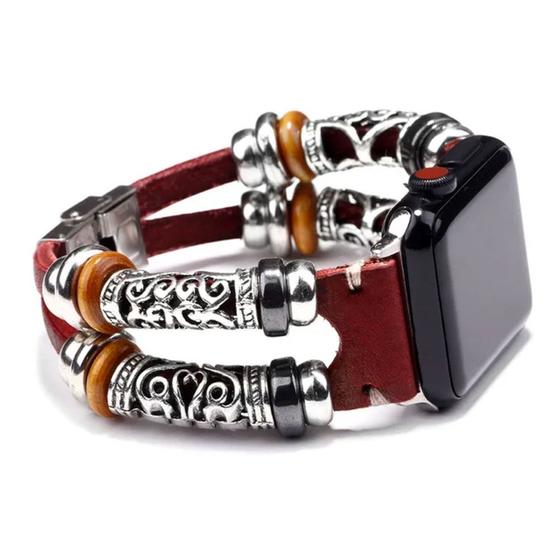 Imagem de Pulseira Bracelete Couro Tribe Miçanga Compatível com Apple Watch