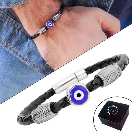 Imagem de Pulseira Bracelete de Couro Masculina Olho Grego Proteção Talismã Sorte Magnética Slim