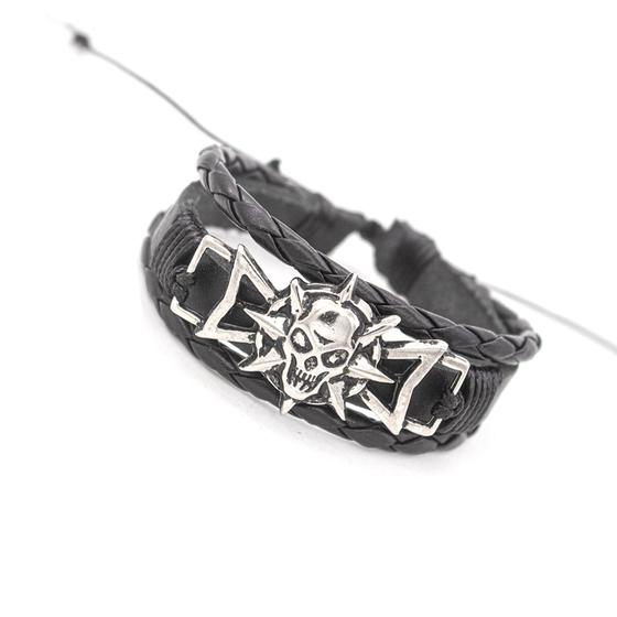 Imagem de pulseira bracelete em couro legitimo caveira esqueleto pirata rock roqueiro estilo vintage regulável