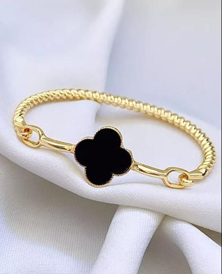 Imagem de Pulseira Bracelete Fio Torcido Rígido Pingente Flor trevo Folheado Ouro Luxo Inspiração Blogueira Virginia