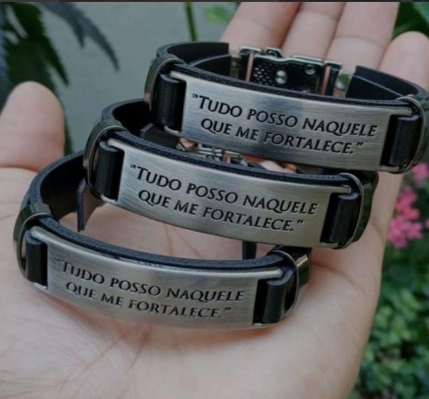 Imagem de Pulseira Bracelete Masculino Feminino Couro Sintético Caramelo Ajustável com Placa Aço Inox Tudo Posso