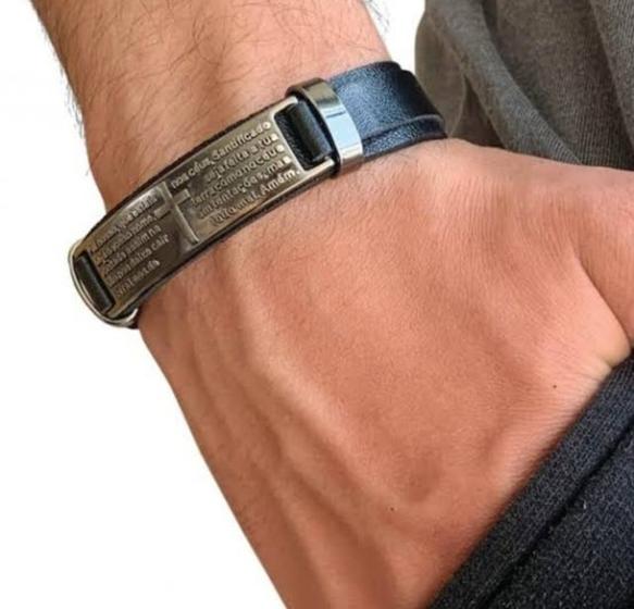 Imagem de Pulseira Bracelete material sintético Ajustável Masculino Feminino Placa Aço Inox Oração Pai Nosso Prata Dourado