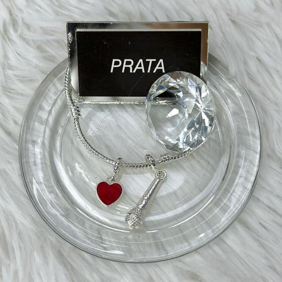 Imagem de Pulseira com berloque microfone coração banhados a prata, com garantia